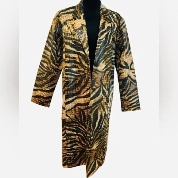 VINTAGE SELENE SPORT Faux Leather Animal Print Crocodile Textured Trench Coat - Picture 6 of 12